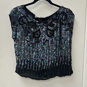 Vintage Silk Sequin Boxy Fit Sparkly Black Grey Blue Top S